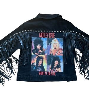 Black Fringe Jacket with Motley Crue t shirt patch and stud trim